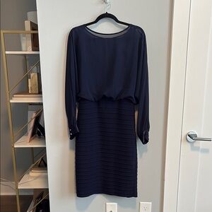 Adrianna Papell Blue Long Sleeve Sheath Dress with Rhinestone Buttons